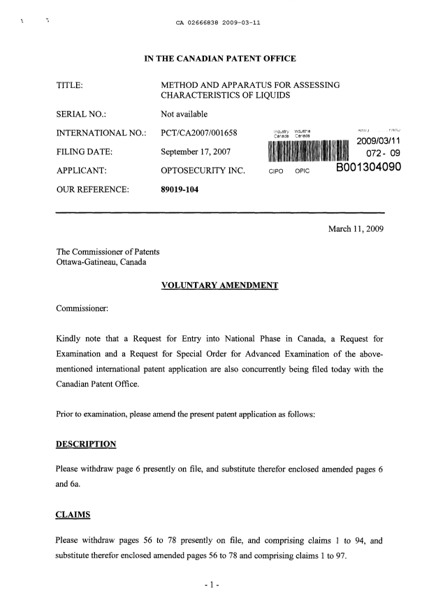 Canadian Patent Document 2666838. Prosecution-Amendment 20090311. Image 1 of 27