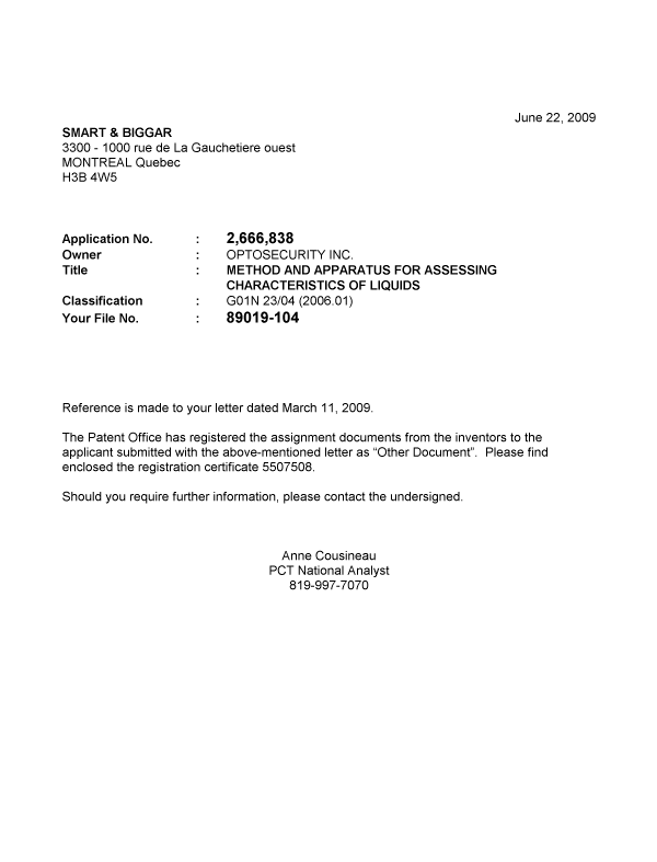 Document de brevet canadien 2666838. Correspondance 20090622. Image 1 de 1