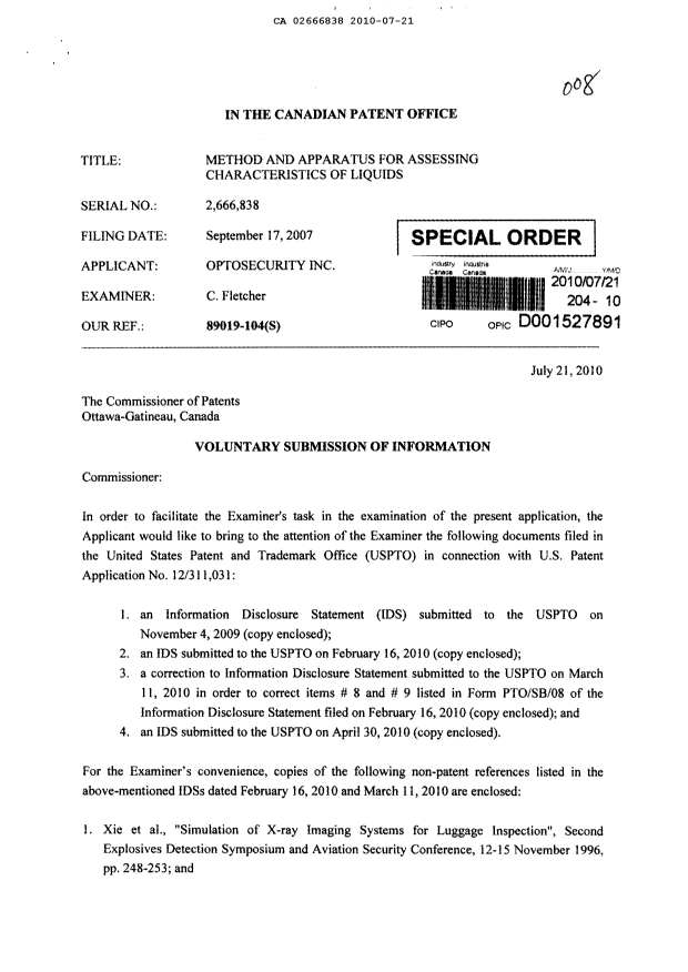 Document de brevet canadien 2666838. Poursuite-Amendment 20100721. Image 1 de 2