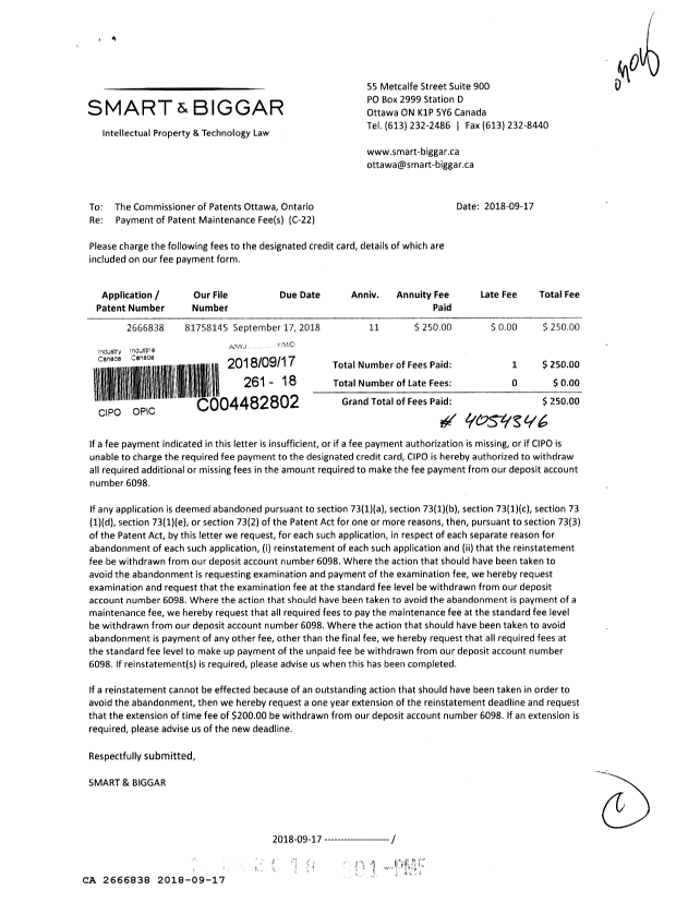 Document de brevet canadien 2666838. Paiement de taxe périodique 20180917. Image 1 de 1