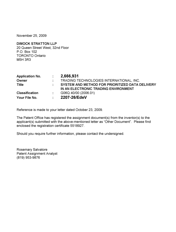 Document de brevet canadien 2666931. Correspondance 20091125. Image 1 de 1
