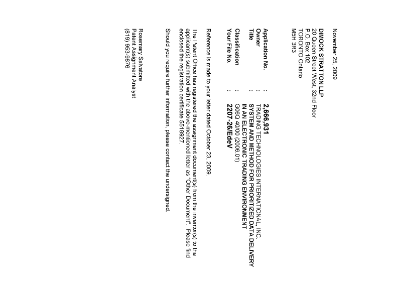 Canadian Patent Document 2666931. Correspondence 20091125. Image 1 of 1
