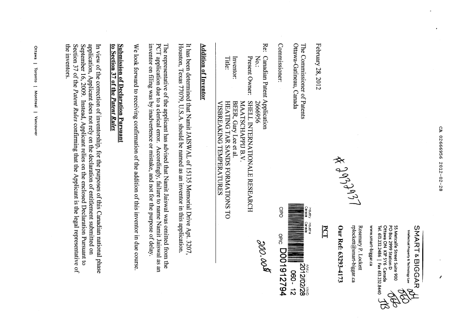 Canadian Patent Document 2666956. Assignment 20120228. Image 1 of 10