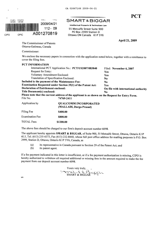 Document de brevet canadien 2667166. Cession 20090421. Image 1 de 3