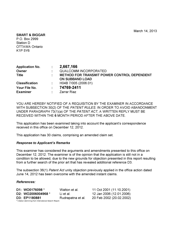 Document de brevet canadien 2667166. Poursuite-Amendment 20130314. Image 1 de 4