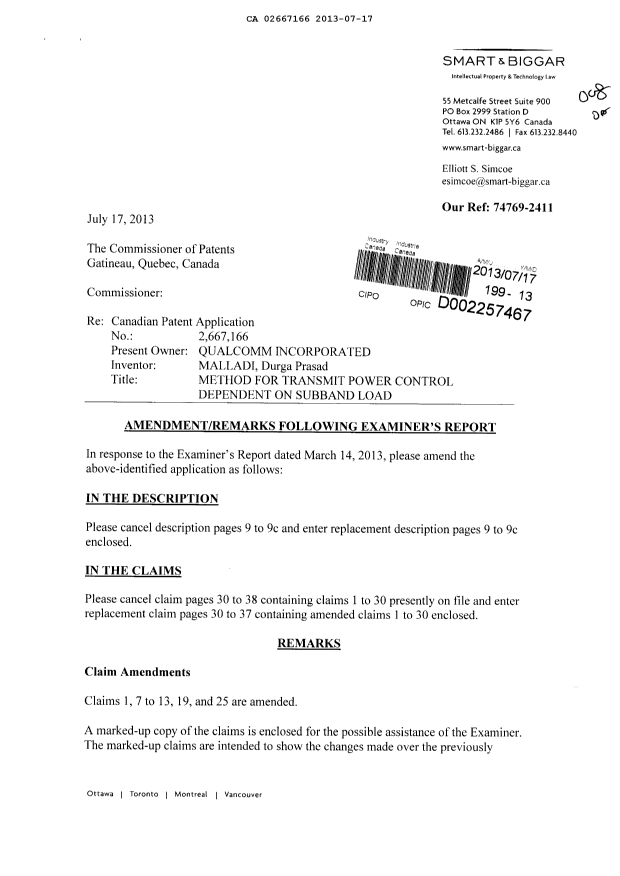 Document de brevet canadien 2667166. Poursuite-Amendment 20130717. Image 1 de 25