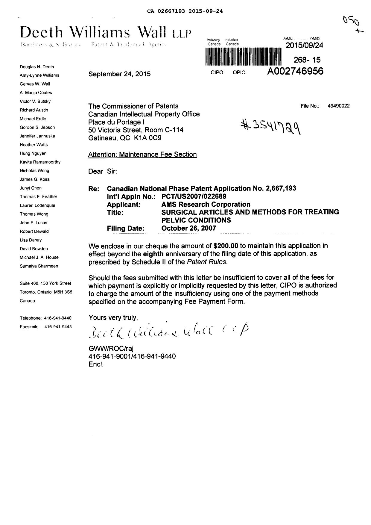 Canadian Patent Document 2667193. Maintenance Fee Payment 20150924. Image 1 of 1