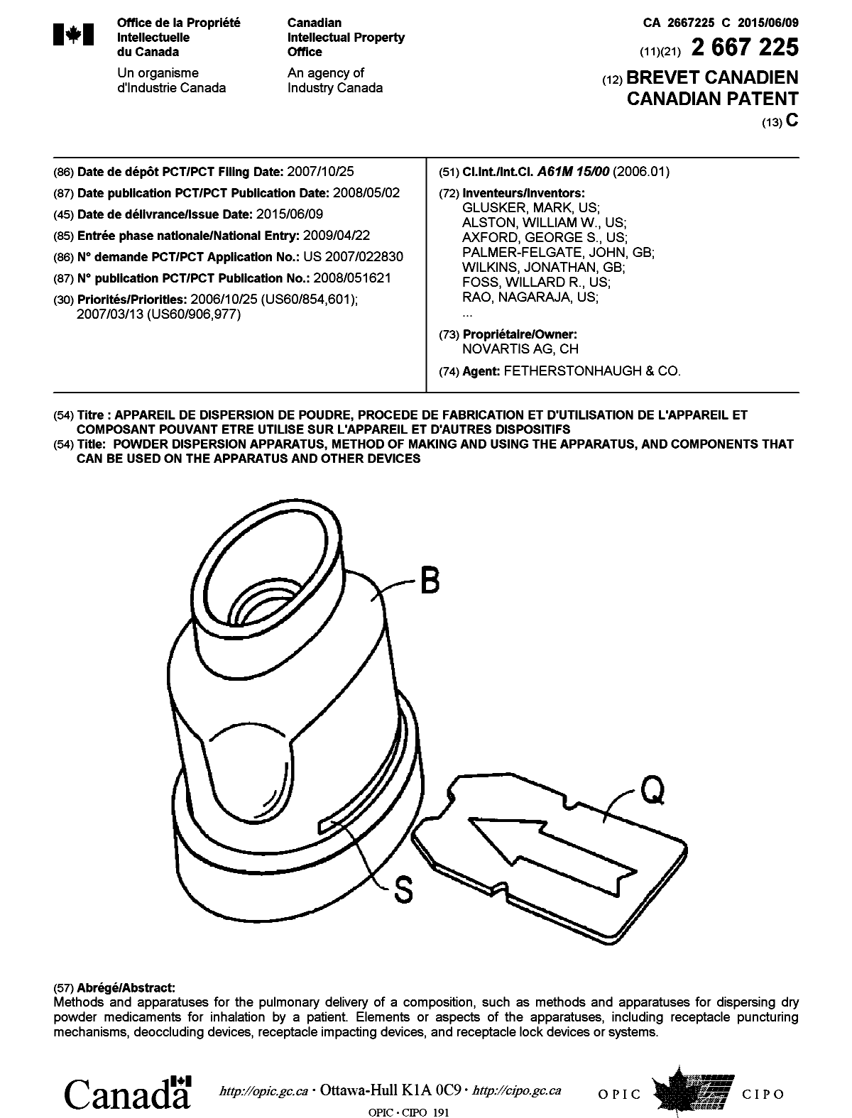 Document de brevet canadien 2667225. Page couverture 20150515. Image 1 de 2