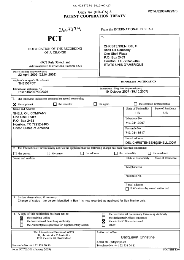 Document de brevet canadien 2667274. PCT 20100727. Image 1 de 1