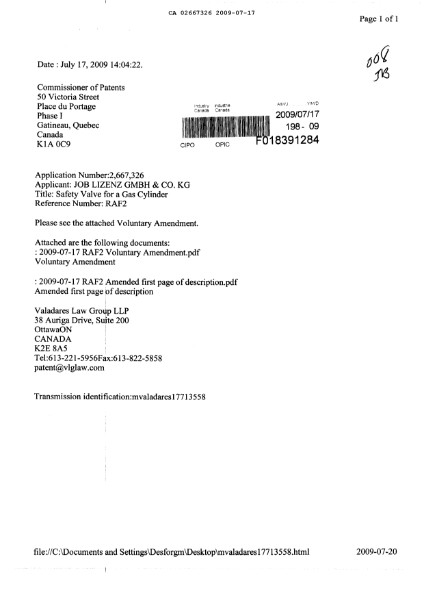 Canadian Patent Document 2667326. Prosecution-Amendment 20081217. Image 1 of 3