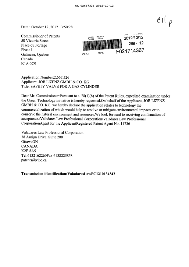 Canadian Patent Document 2667326. Prosecution-Amendment 20111212. Image 1 of 1