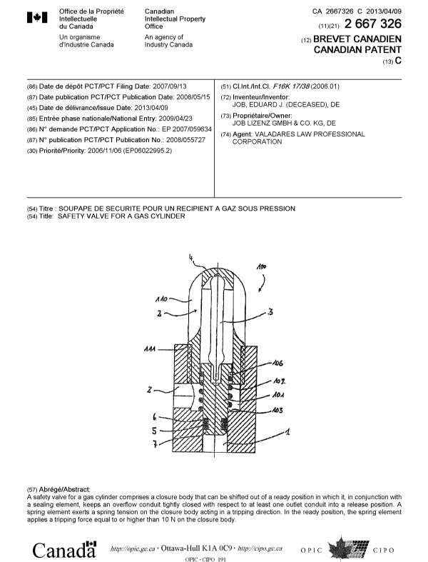 Canadian Patent Document 2667326. Cover Page 20121218. Image 1 of 1