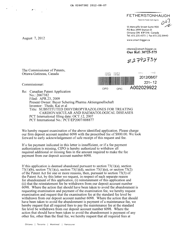 Document de brevet canadien 2667382. Poursuite-Amendment 20120807. Image 1 de 2