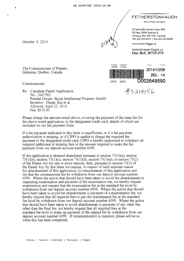 Document de brevet canadien 2667382. Correspondance 20141008. Image 1 de 2