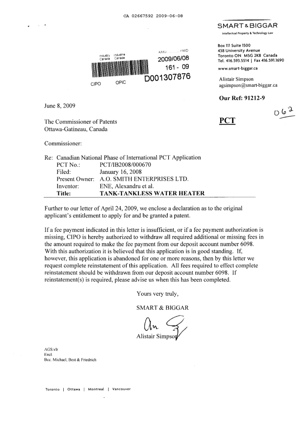 Canadian Patent Document 2667592. Correspondence 20090608. Image 1 of 2