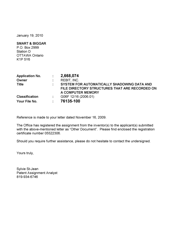 Document de brevet canadien 2668074. Correspondance 20100119. Image 1 de 1