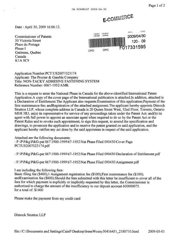 Document de brevet canadien 2668167. Cession 20090430. Image 1 de 7