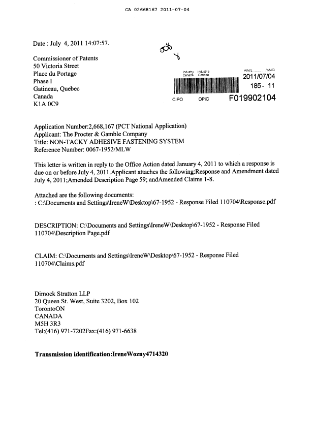 Document de brevet canadien 2668167. Poursuite-Amendment 20110704. Image 1 de 7