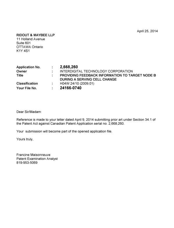 Document de brevet canadien 2668260. Poursuite-Amendment 20140425. Image 1 de 1
