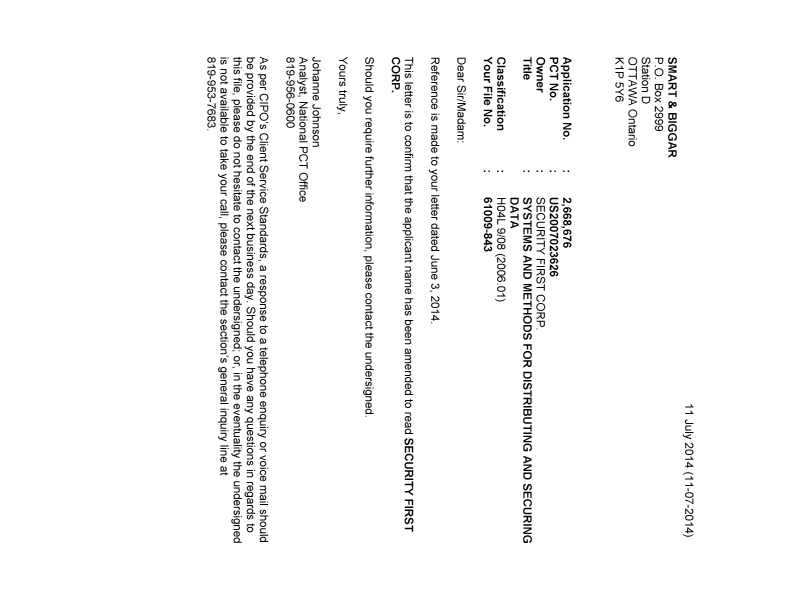 Canadian Patent Document 2668676. Correspondence 20140711. Image 1 of 1