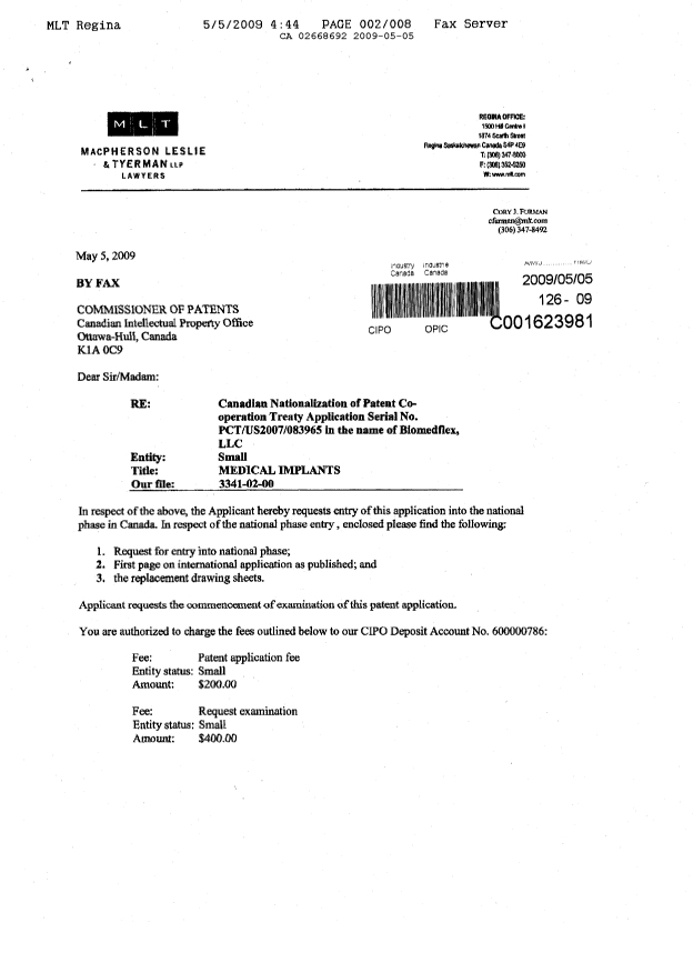 Document de brevet canadien 2668692. Cession 20090505. Image 1 de 4