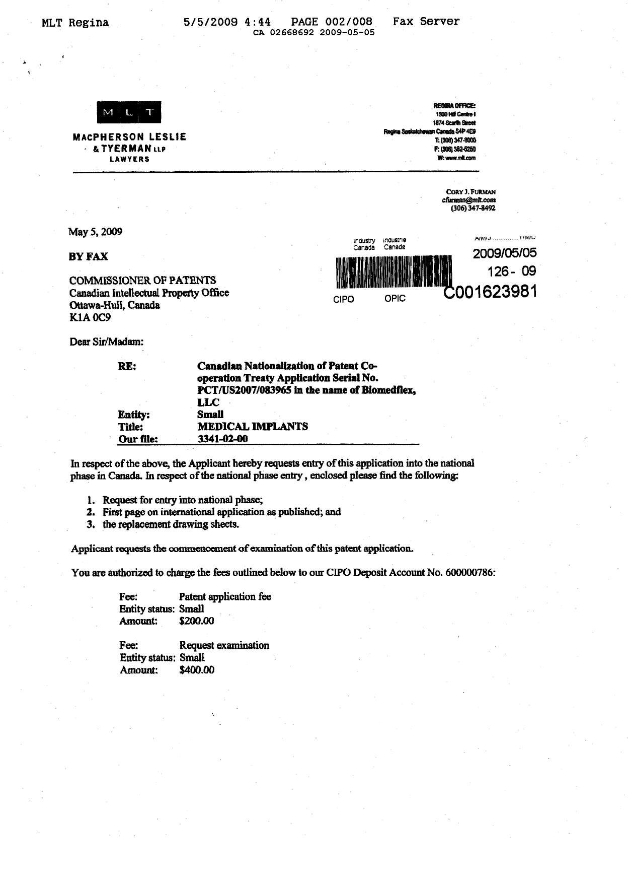 Canadian Patent Document 2668692. Assignment 20090505. Image 1 of 4
