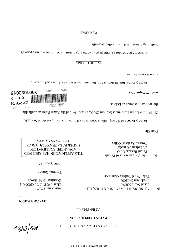 Canadian Patent Document 2668740. Prosecution-Amendment 20111206. Image 1 of 4