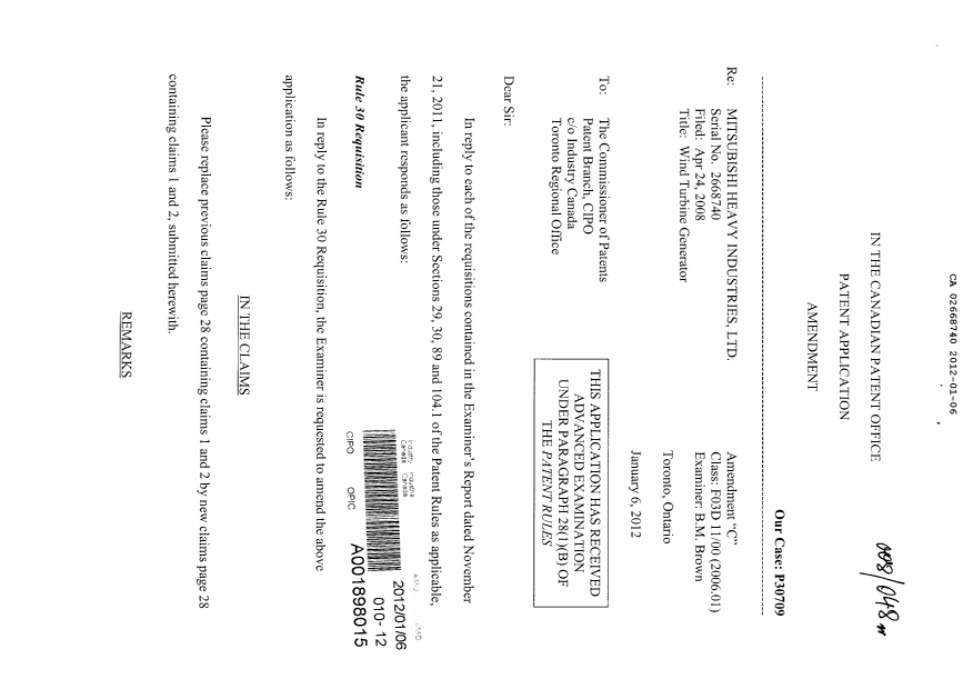 Canadian Patent Document 2668740. Prosecution-Amendment 20111206. Image 1 of 4