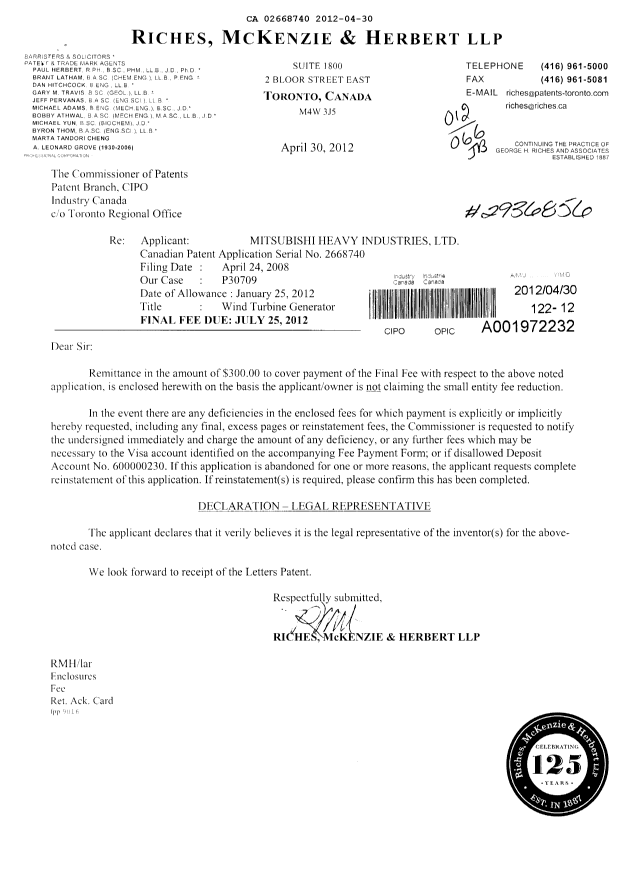 Document de brevet canadien 2668740. Correspondance 20111230. Image 1 de 1