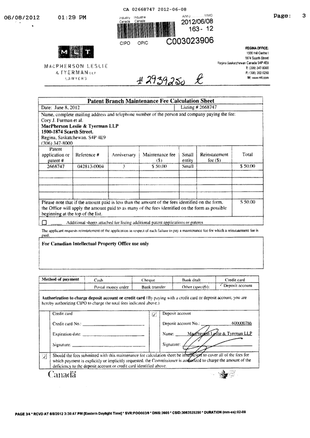 Document de brevet canadien 2668747. Taxes 20111208. Image 3 de 3