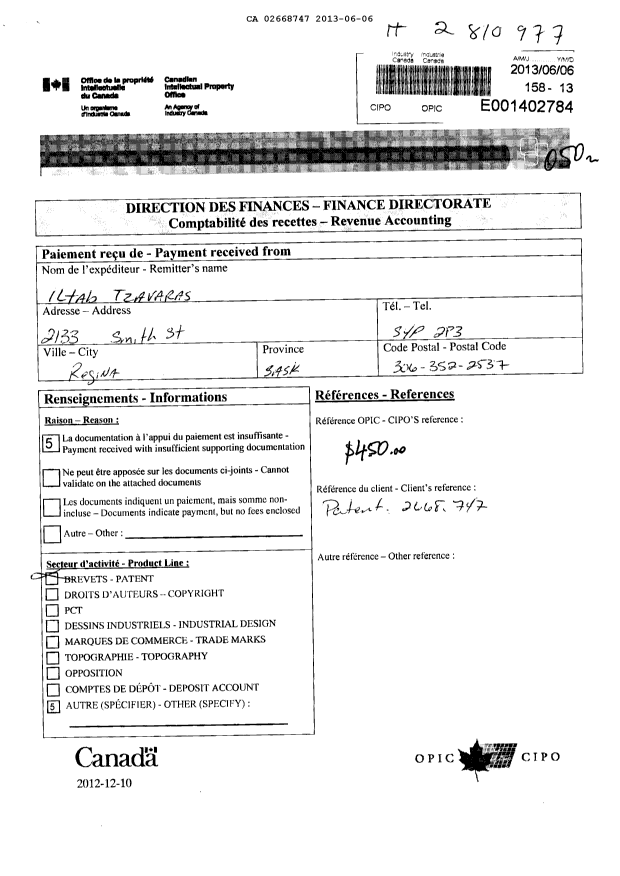 Document de brevet canadien 2668747. Taxes 20121206. Image 1 de 1