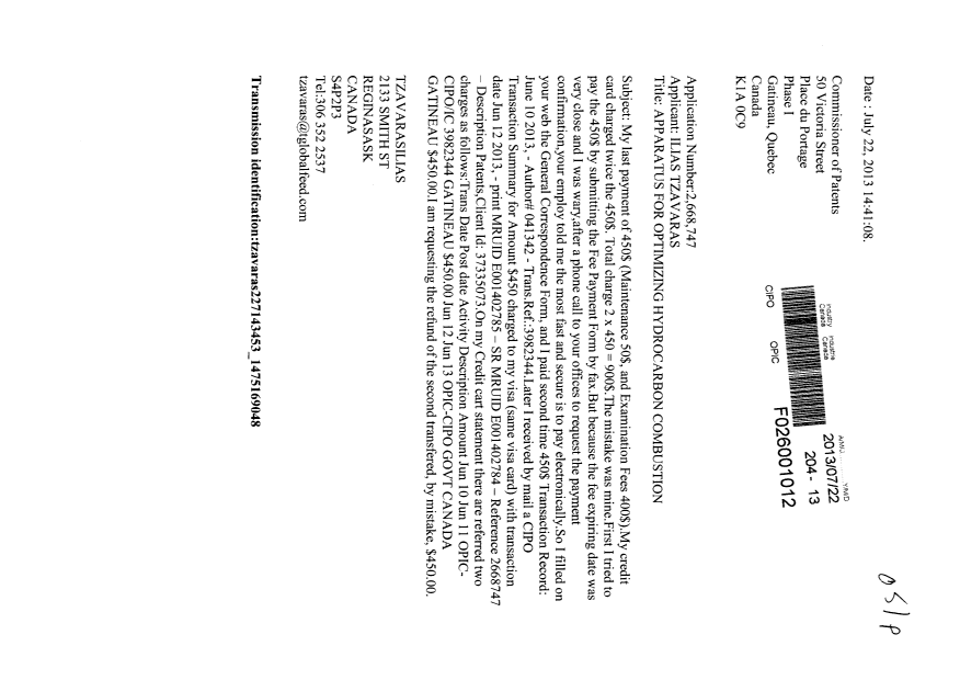 Document de brevet canadien 2668747. Correspondance 20130722. Image 1 de 1