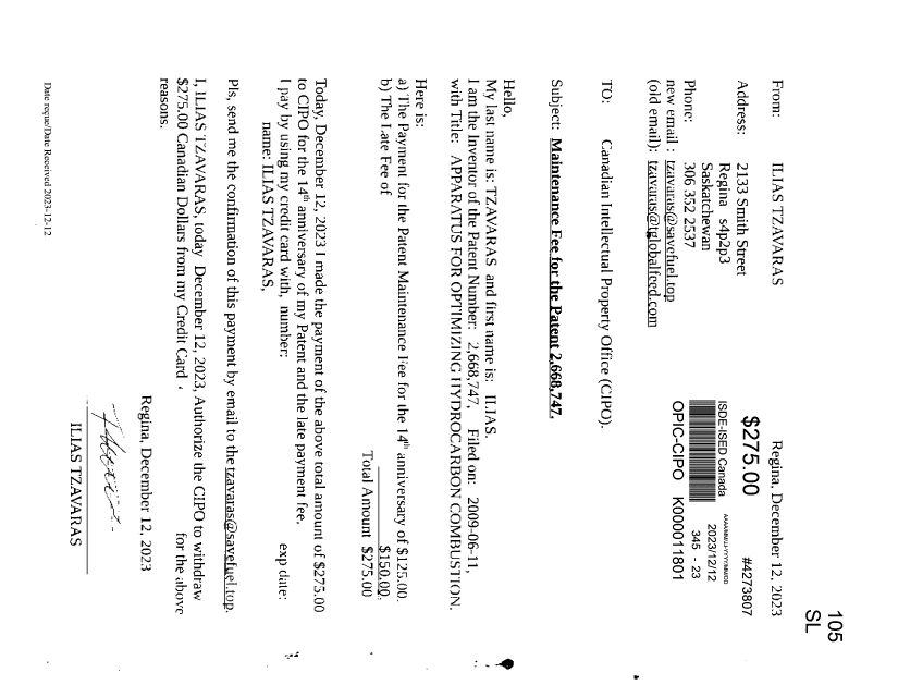 Document de brevet canadien 2668747. Taxe périodique + surtaxe 20231212. Image 1 de 1