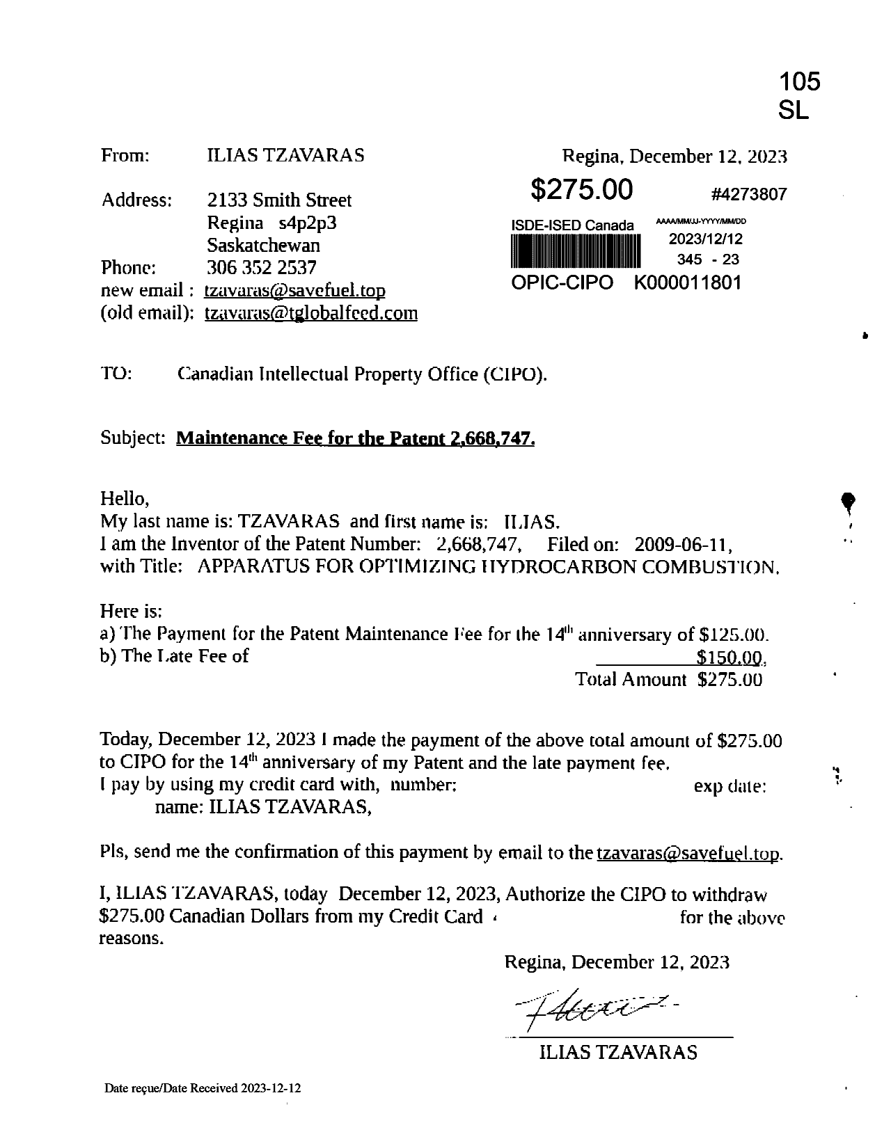 Document de brevet canadien 2668747. Taxe périodique + surtaxe 20231212. Image 1 de 1