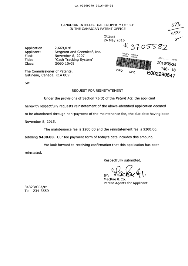 Document de brevet canadien 2669078. Taxes 20151224. Image 1 de 1