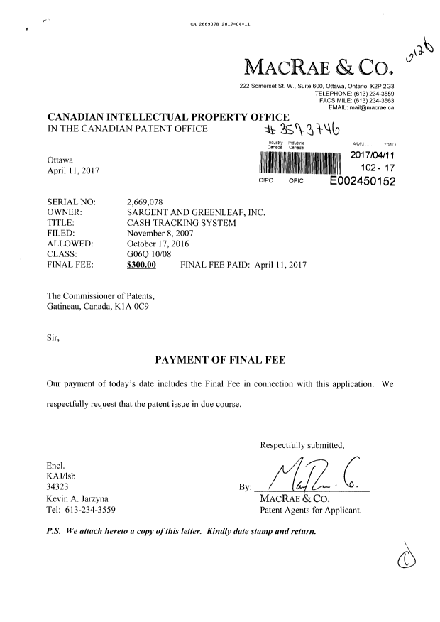 Document de brevet canadien 2669078. Correspondance 20161211. Image 1 de 1