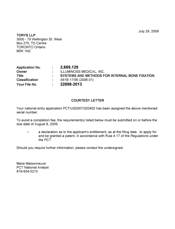 Canadian Patent Document 2669129. Correspondence 20090729. Image 1 of 1