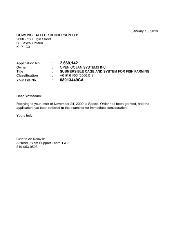 Canadian Patent Document 2669142. Prosecution-Amendment 20100113. Image 1 of 1