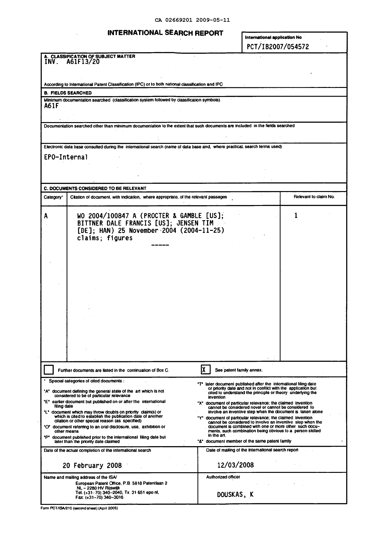 Document de brevet canadien 2669201. PCT 20081211. Image 1 de 2
