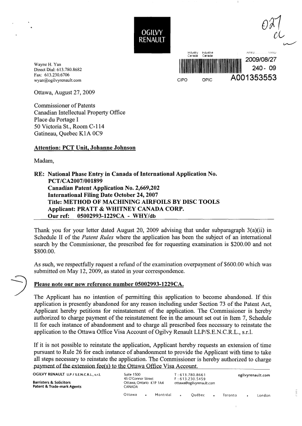 Canadian Patent Document 2669202. Prosecution-Amendment 20090827. Image 1 of 2