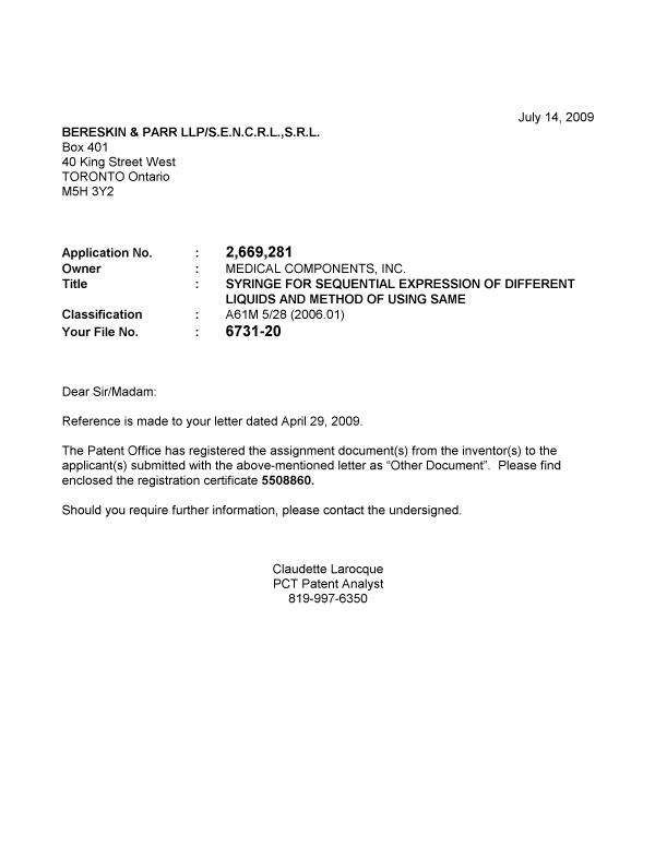 Document de brevet canadien 2669281. Correspondance 20090714. Image 1 de 1