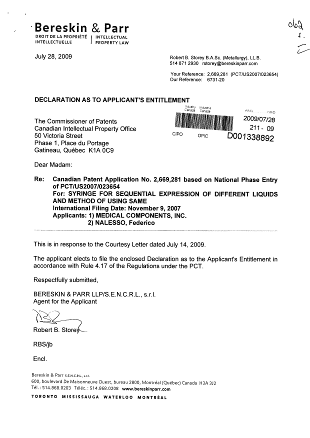 Document de brevet canadien 2669281. Correspondance 20090728. Image 1 de 2