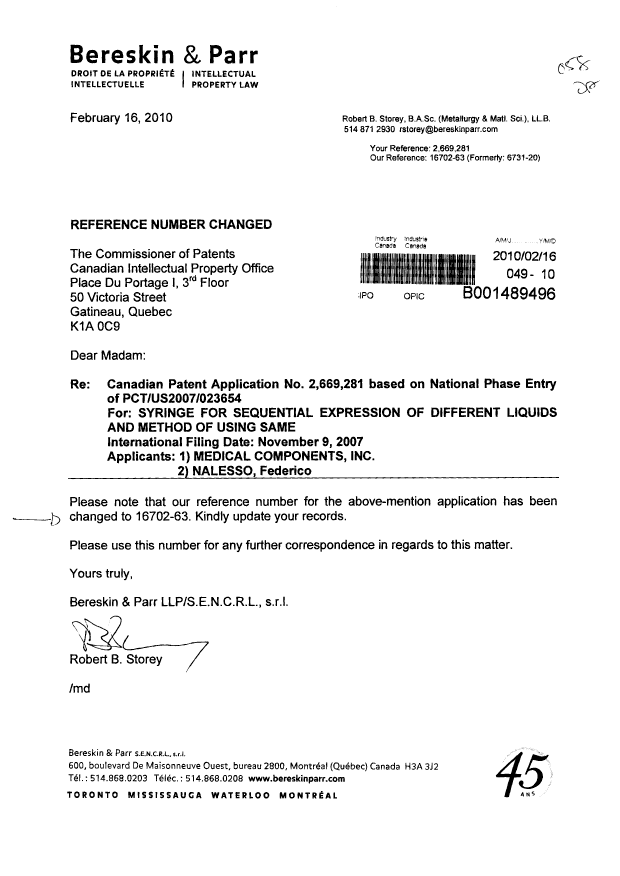 Document de brevet canadien 2669281. Correspondance 20100216. Image 1 de 1