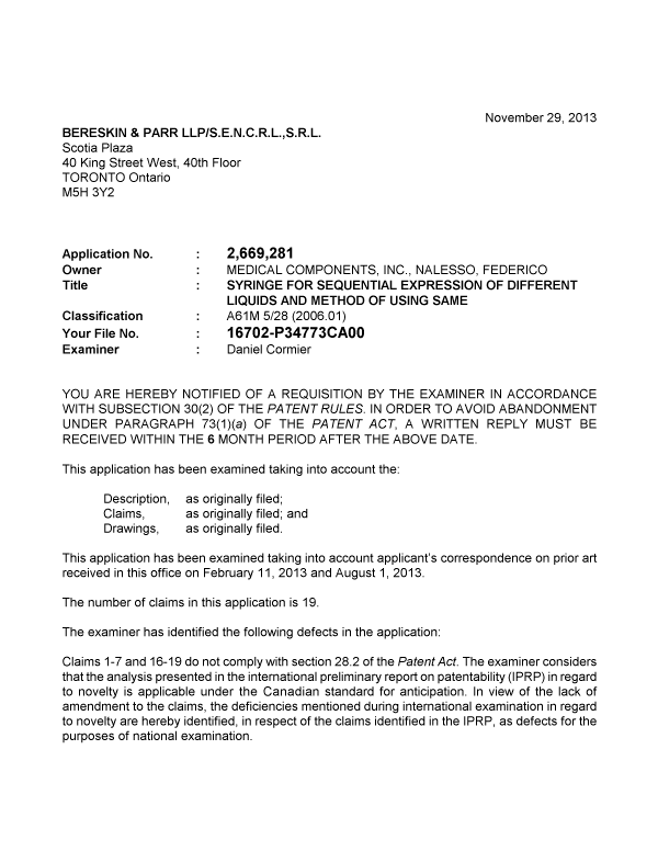 Document de brevet canadien 2669281. Poursuite-Amendment 20131129. Image 1 de 2