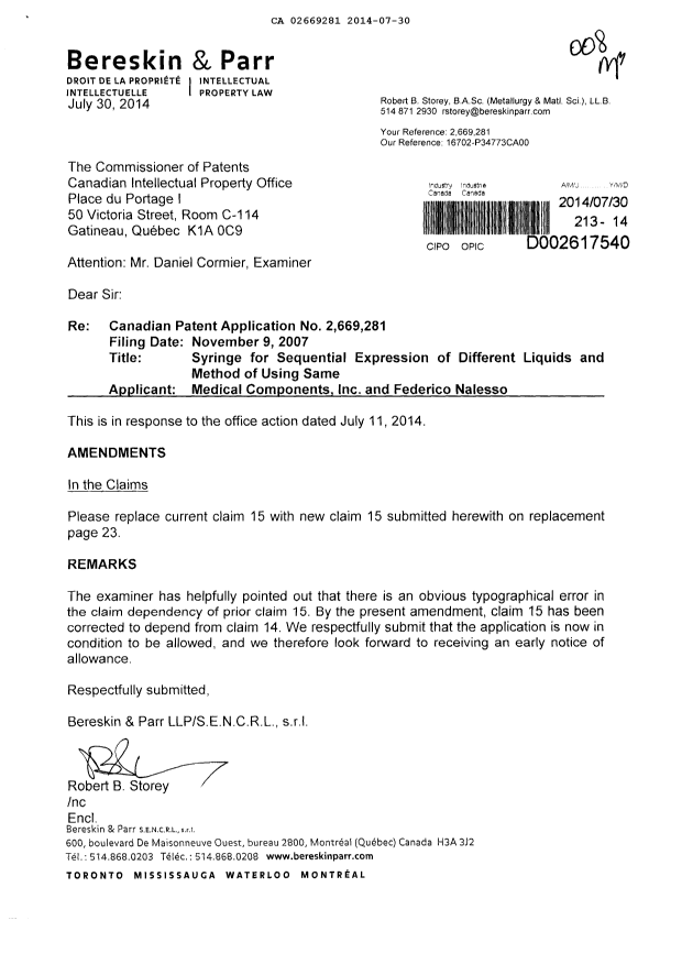 Canadian Patent Document 2669281. Prosecution-Amendment 20140730. Image 1 of 2