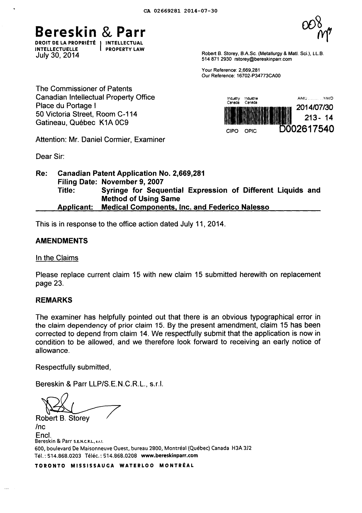 Canadian Patent Document 2669281. Prosecution-Amendment 20140730. Image 1 of 2