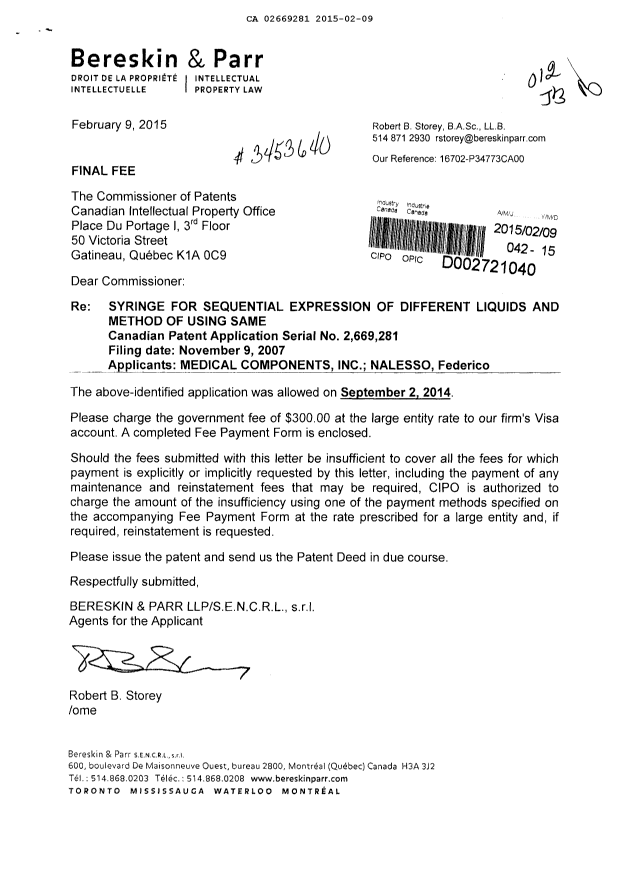 Document de brevet canadien 2669281. Correspondance 20150209. Image 1 de 1