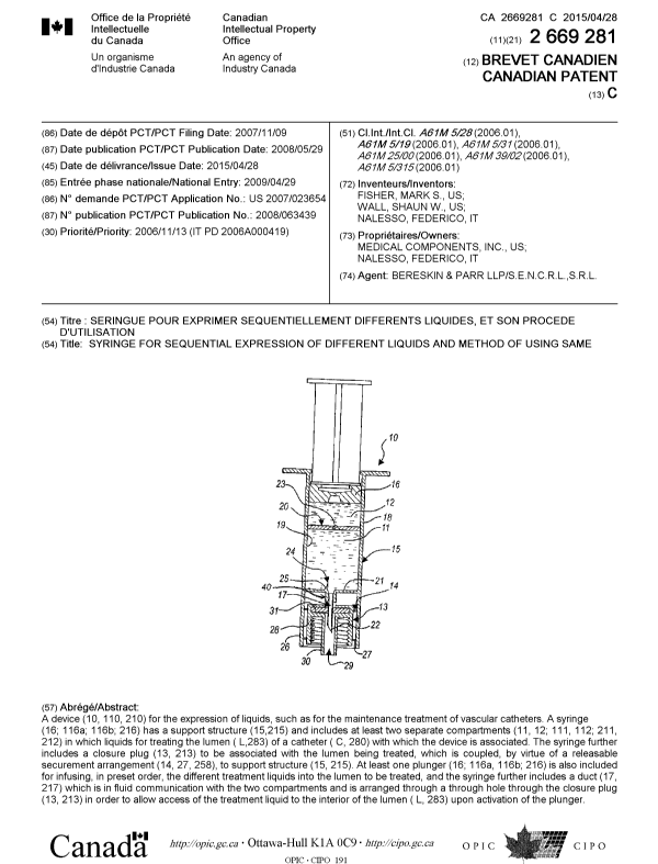 Document de brevet canadien 2669281. Page couverture 20150325. Image 1 de 1
