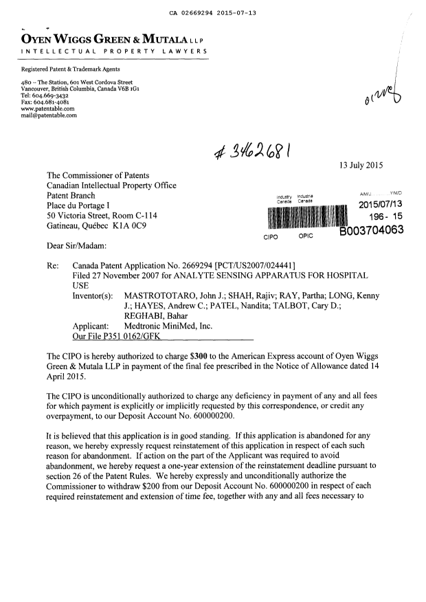 Document de brevet canadien 2669294. Taxe finale 20150713. Image 1 de 2