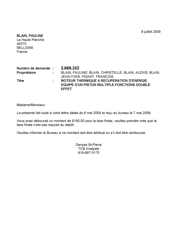 Document de brevet canadien 2669322. Correspondance 20081208. Image 1 de 1